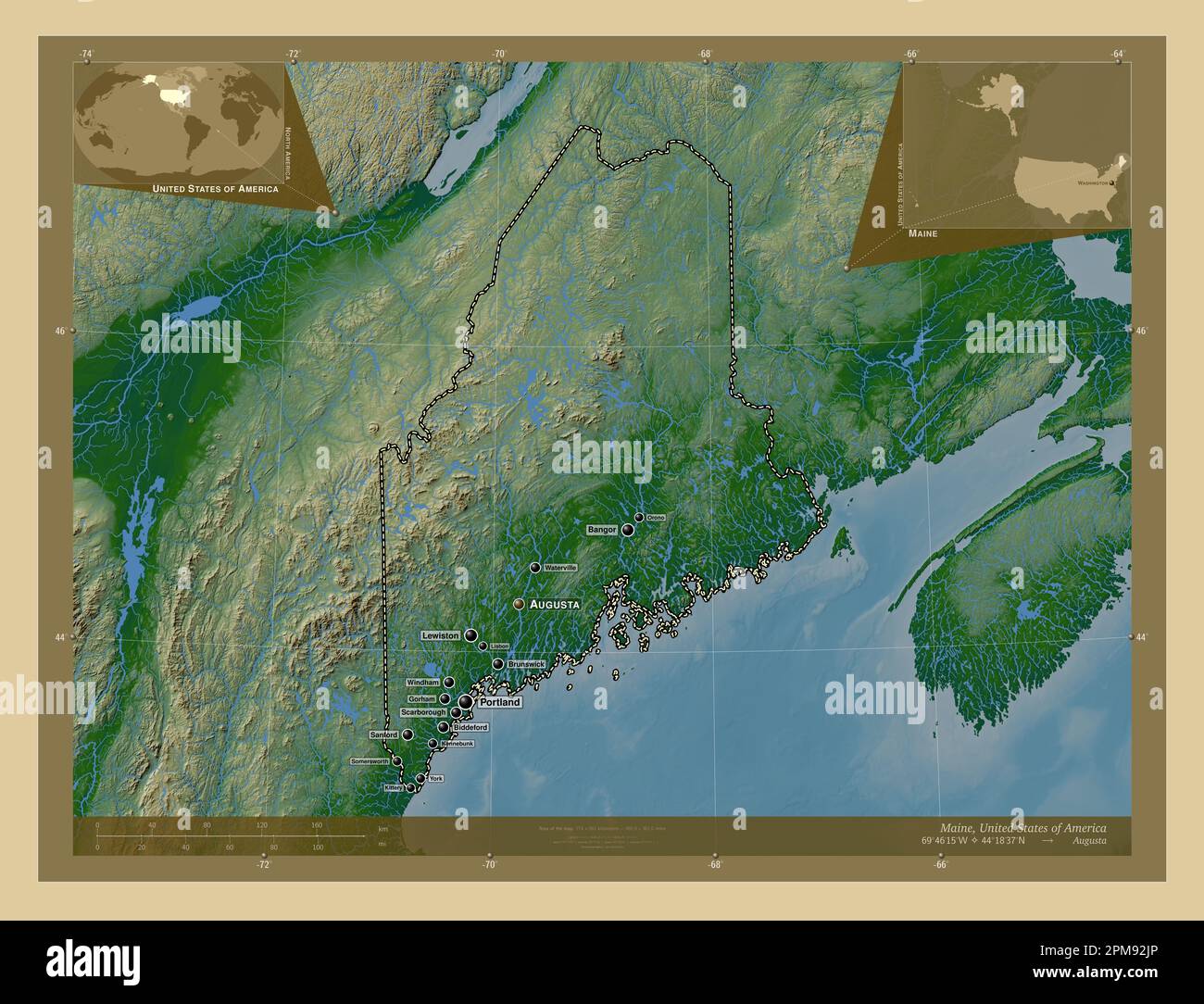 Maine, state of United States of America. Colored elevation map with