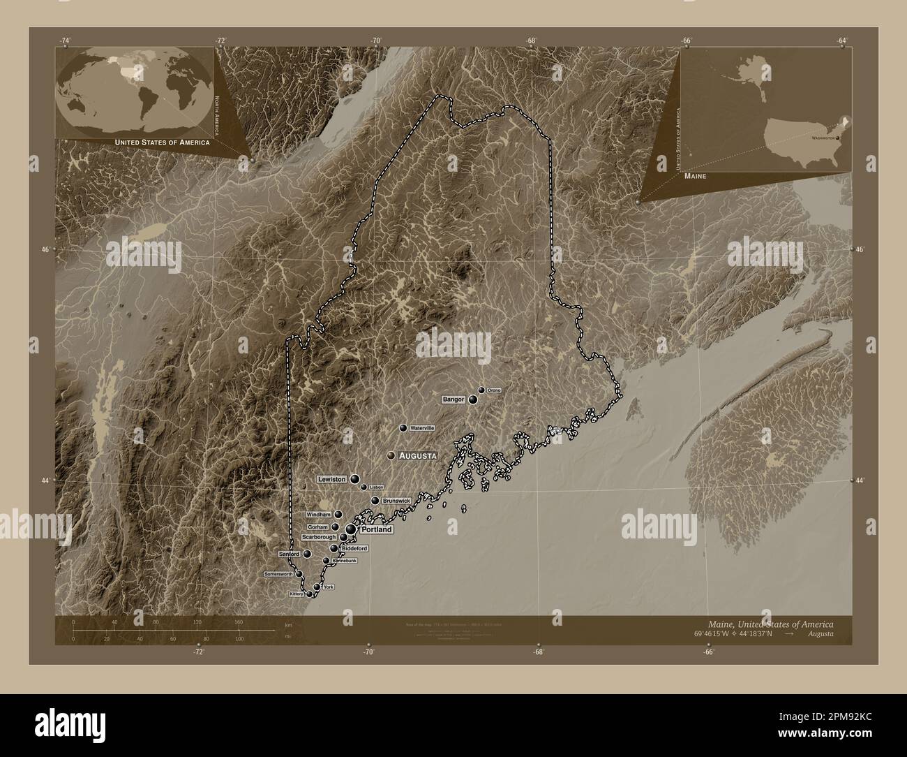 Maine, state of United States of America. Elevation map colored in