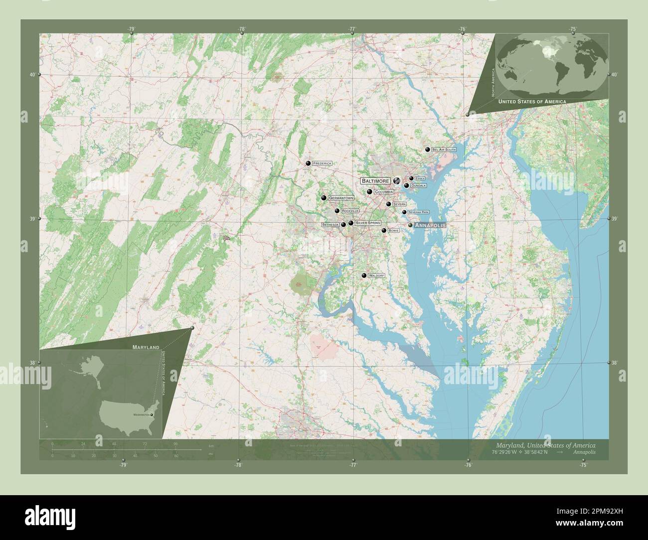 Maryland, state of United States of America. Open Street Map. Locations
