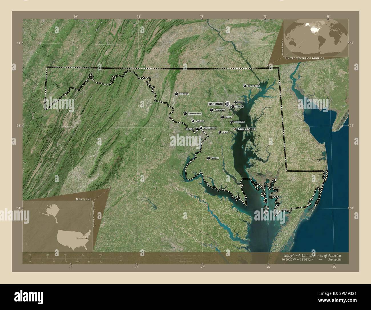 Maryland State Of United States Of America High Resolution Satellite Maryland State Of United States Of America High Resolution Satellite Map Locations And Names Of Major Cities Of The Region Corner Auxiliary Locati 2PM9321