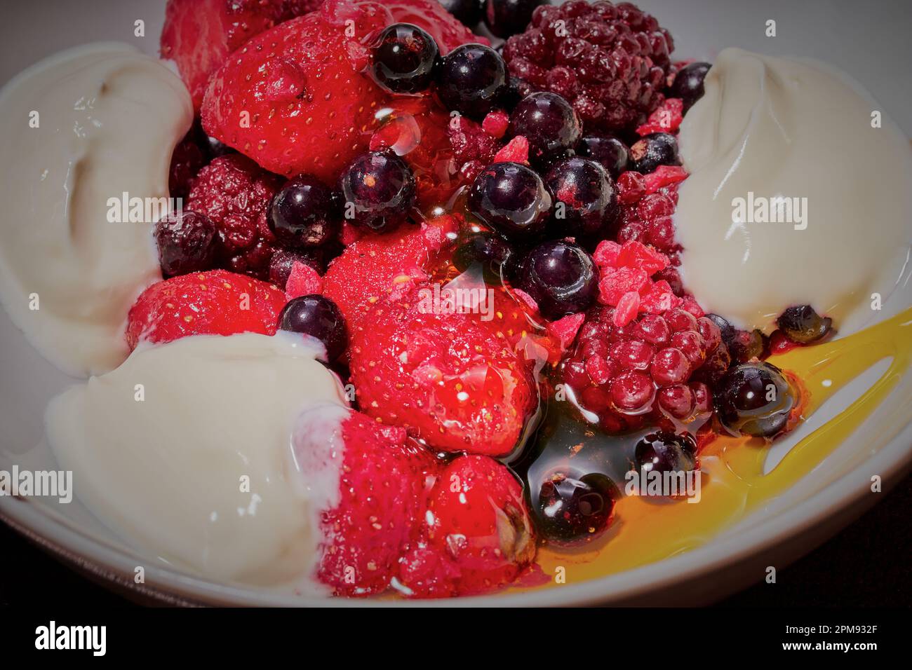 Mixed fruit berries with Greek yogurt and drizzled with honey Stock