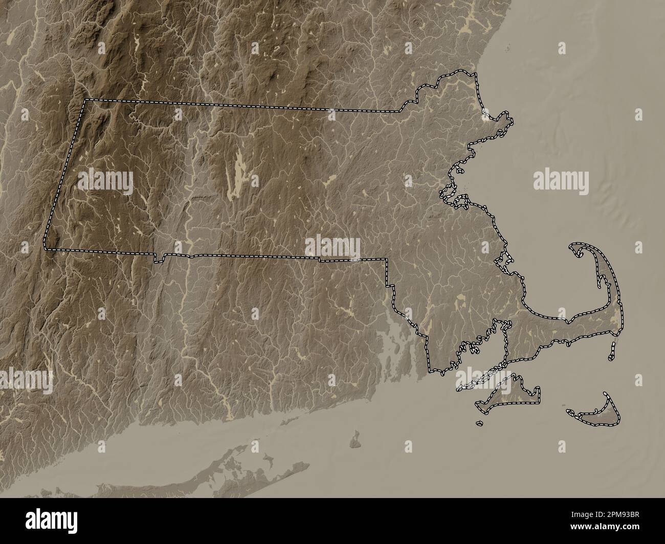 Massachusetts, state of United States of America. Elevation map colored in sepia tones with lakes and rivers Stock Photo