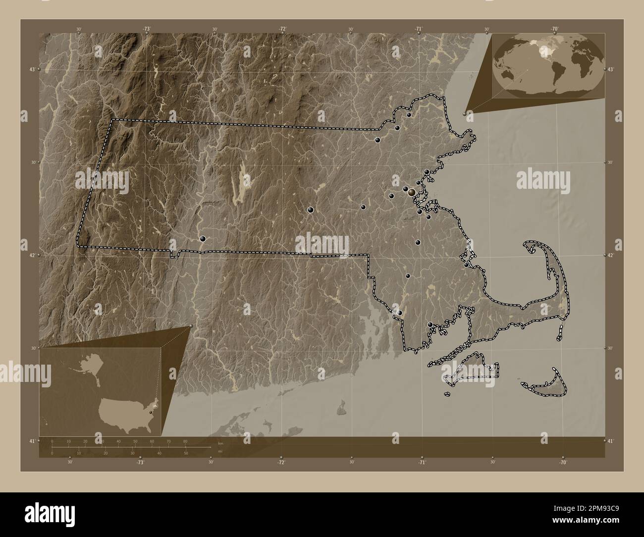 Massachusetts, state of United States of America. Elevation map colored ...