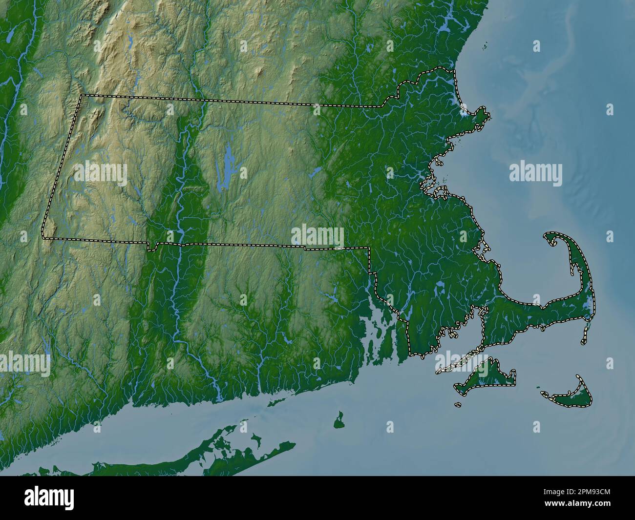Massachusetts, state of United States of America. Colored elevation map