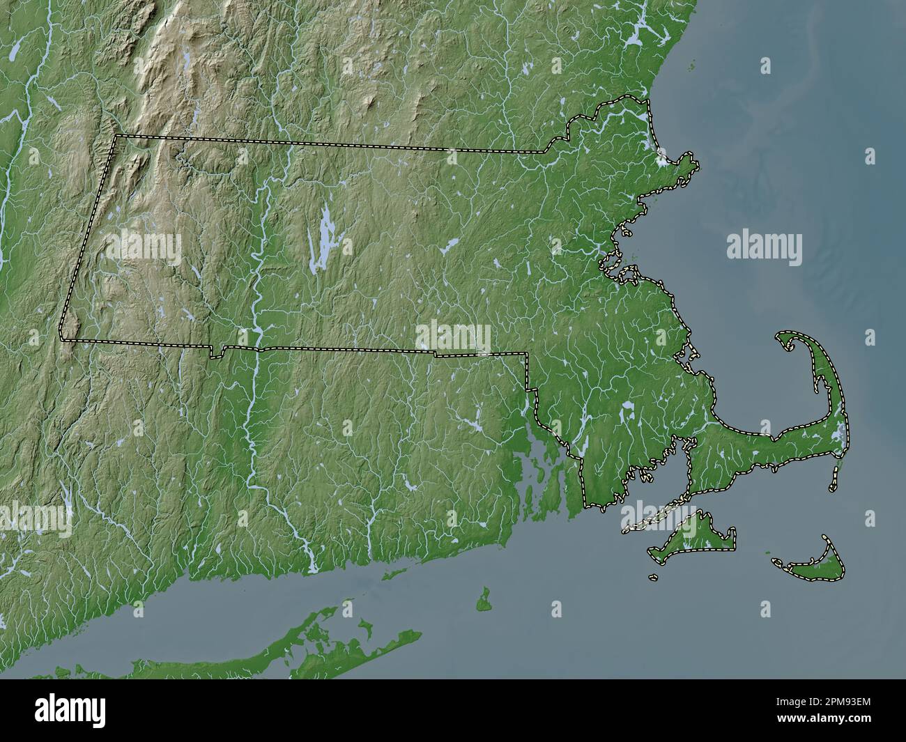 Massachusetts, state of United States of America. Elevation map colored in wiki style with lakes and rivers Stock Photo