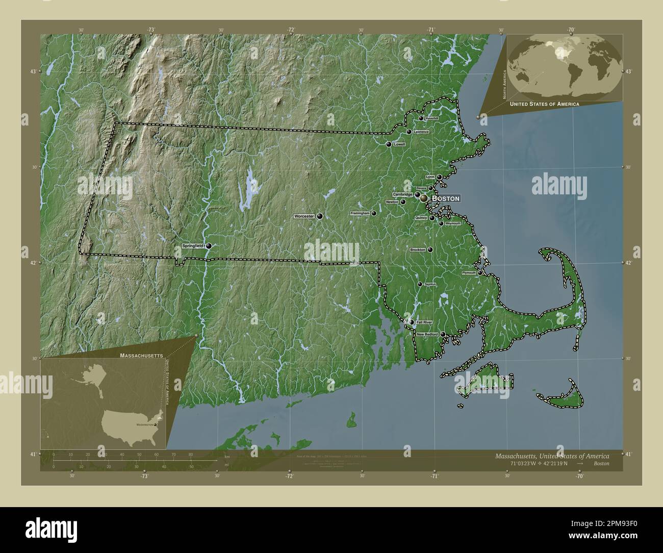 Massachusetts, state of United States of America. Elevation map colored ...