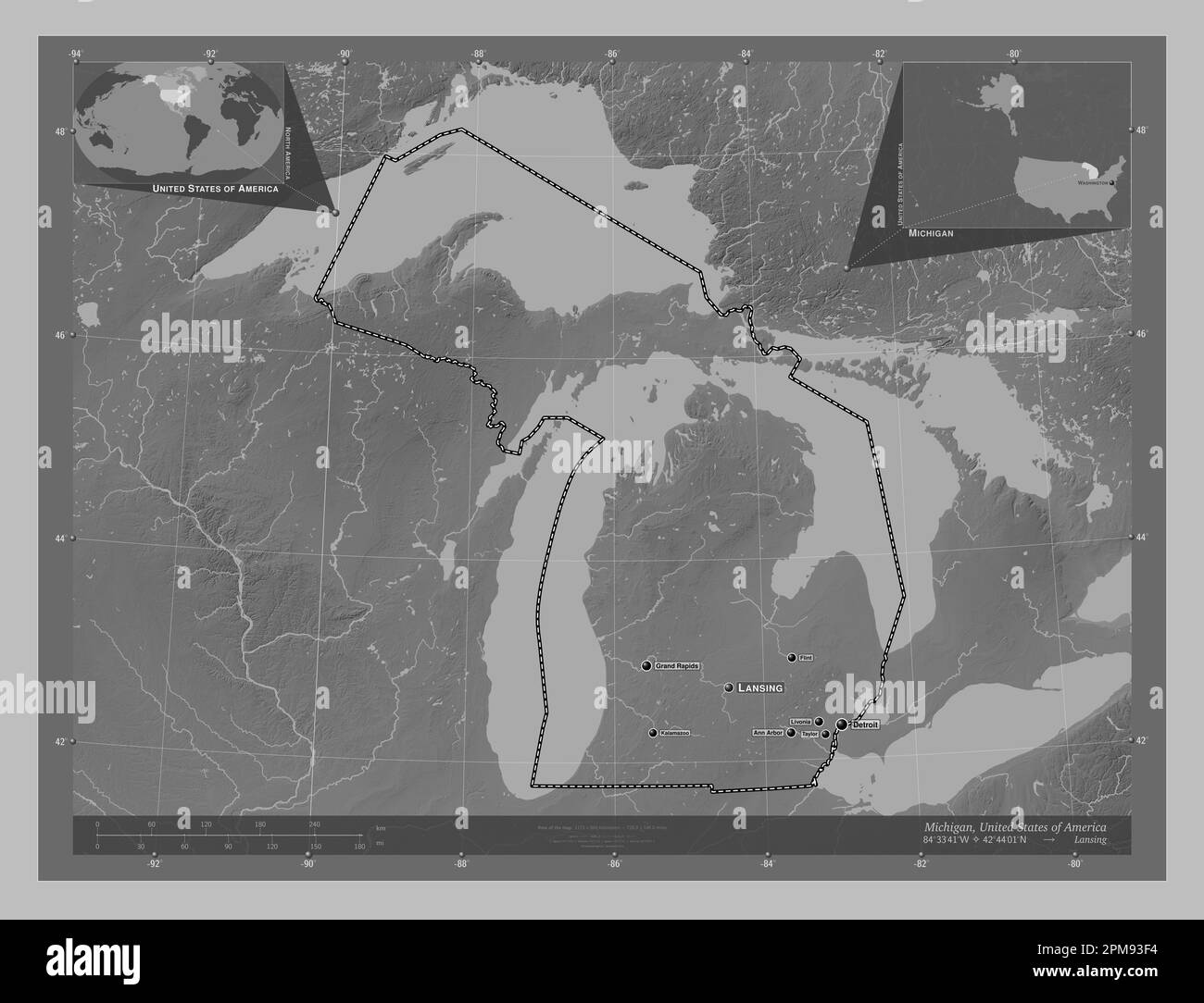 Michigan, state of United States of America. Grayscale elevation map with lakes and rivers. Locations and names of major cities of the region. Corner Stock Photo