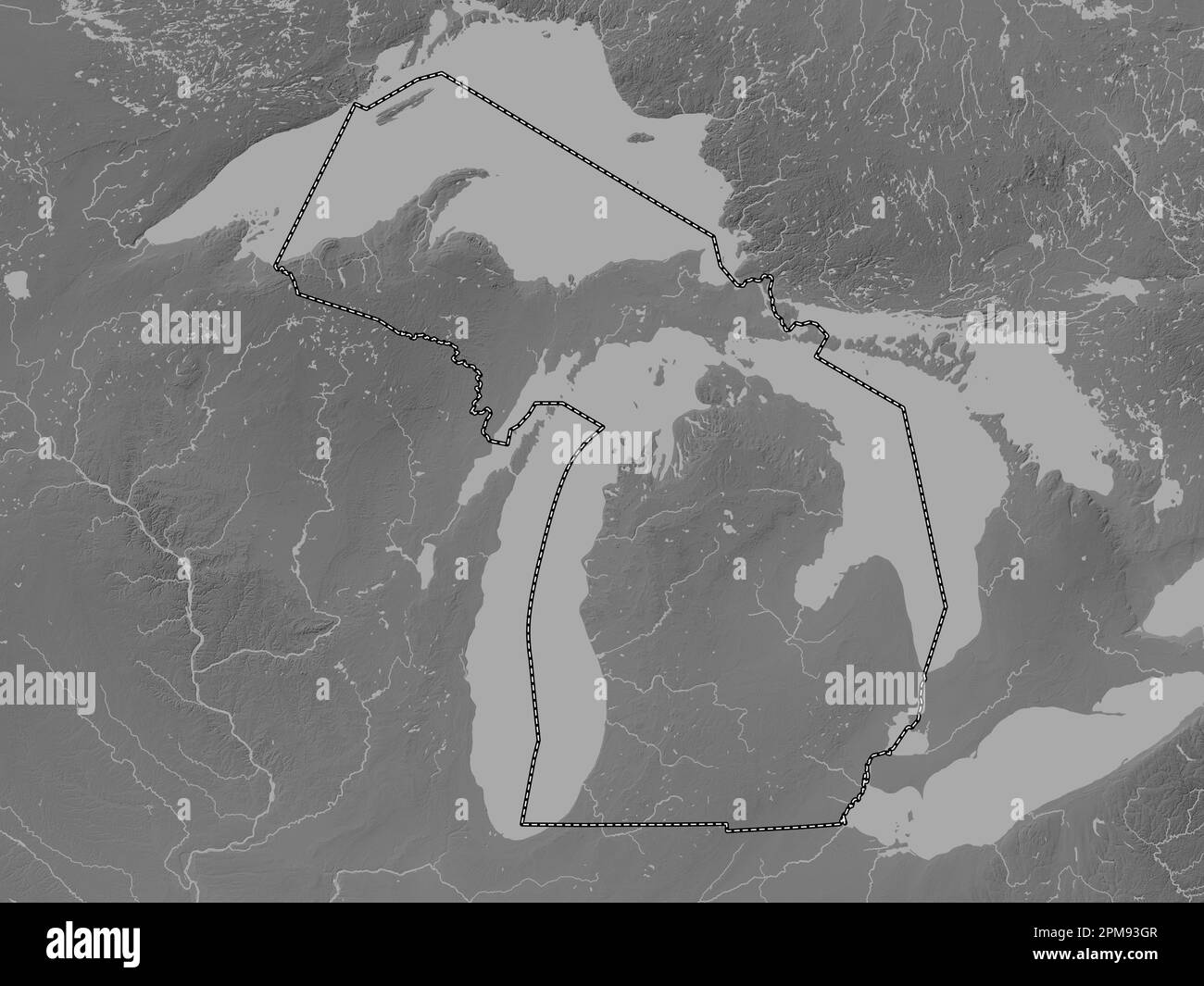Michigan, state of United States of America. Grayscale elevation map with lakes and rivers Stock Photo