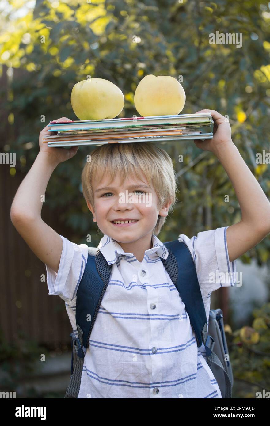 cute cheerful 6 year old boy holding stack of books and two big apples on his head, getting ready to go to school. Reading books, interesting childhoo Stock Photo