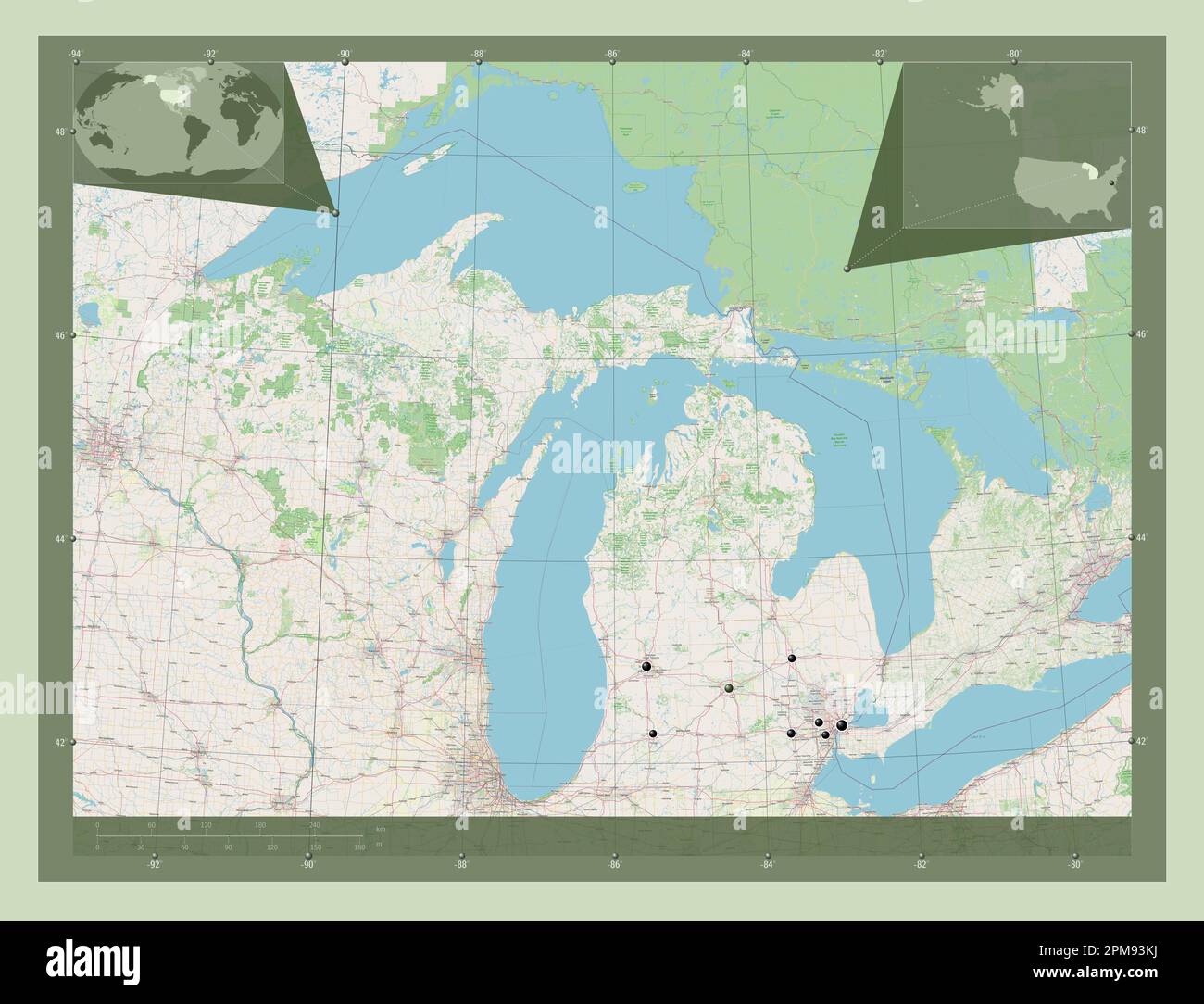 Michigan, state of United States of America. Open Street Map. Locations