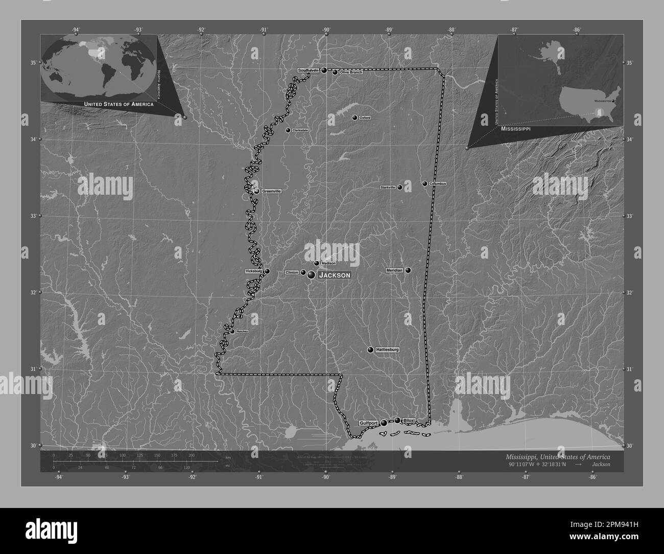 Mississippi state of United States - Mississippi State Of United States Of America Bilevel Elevation Map With Lakes And Rivers Locations And Names Of Major Cities Of The Region Corner 2PM941H 