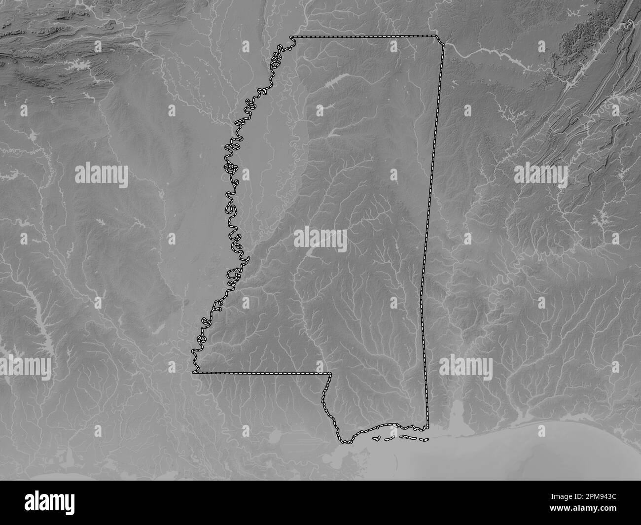 Mississippi, state of United States of America. Grayscale elevation map with lakes and rivers Stock Photo