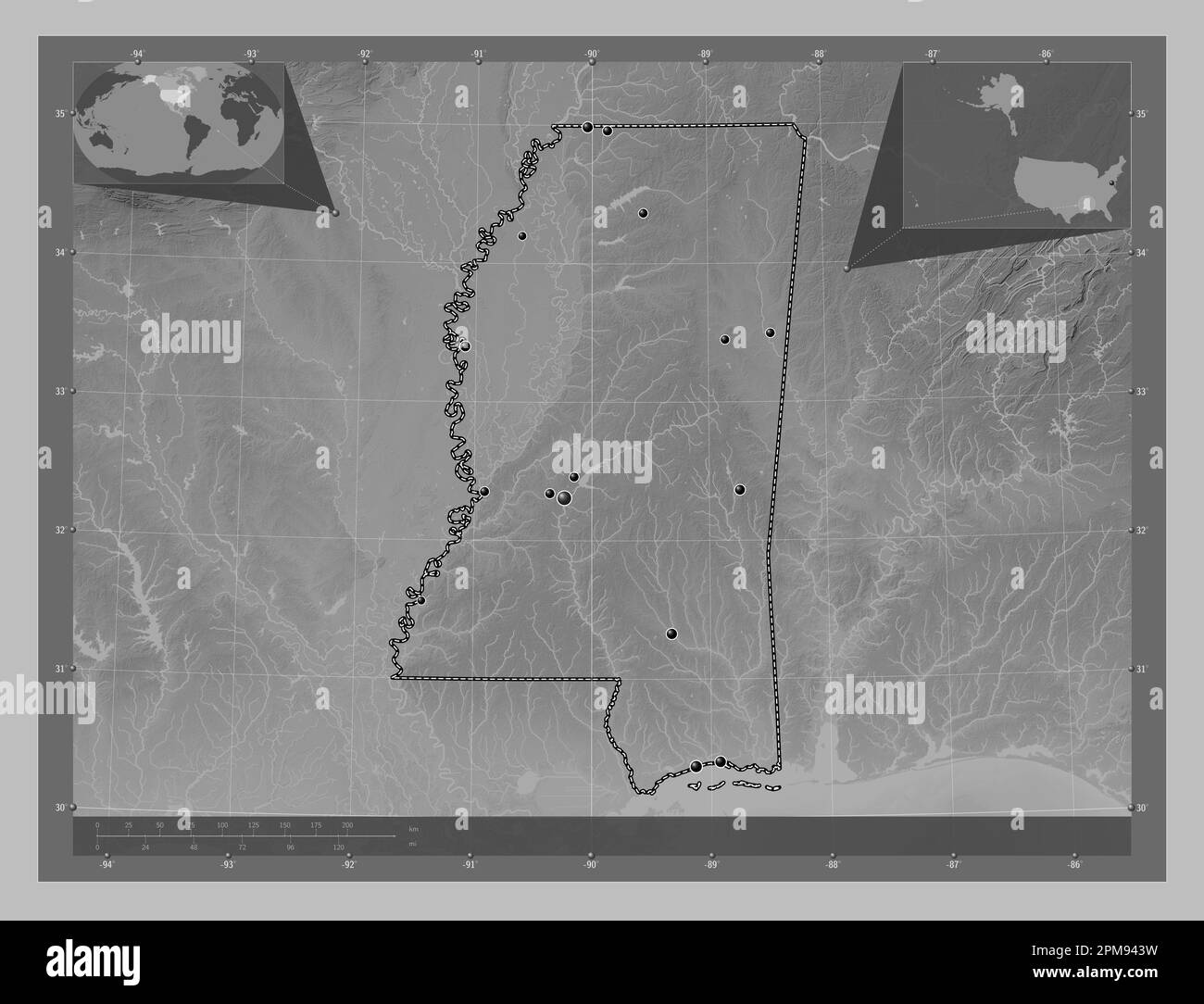 Mississippi state of United States - Mississippi State Of United States Of America Grayscale Elevation Map With Lakes And Rivers Locations Of Major Cities Of The Region Corner Auxilia 2PM943W
