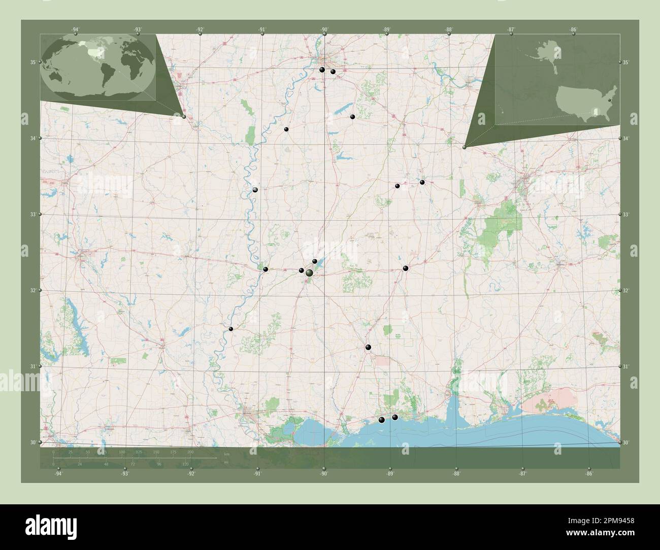 Mississippi state of United States - Mississippi State Of United States Of America Open Street Map Locations Of Major Cities Of The Region Corner Auxiliary Location Maps 2PM9458 