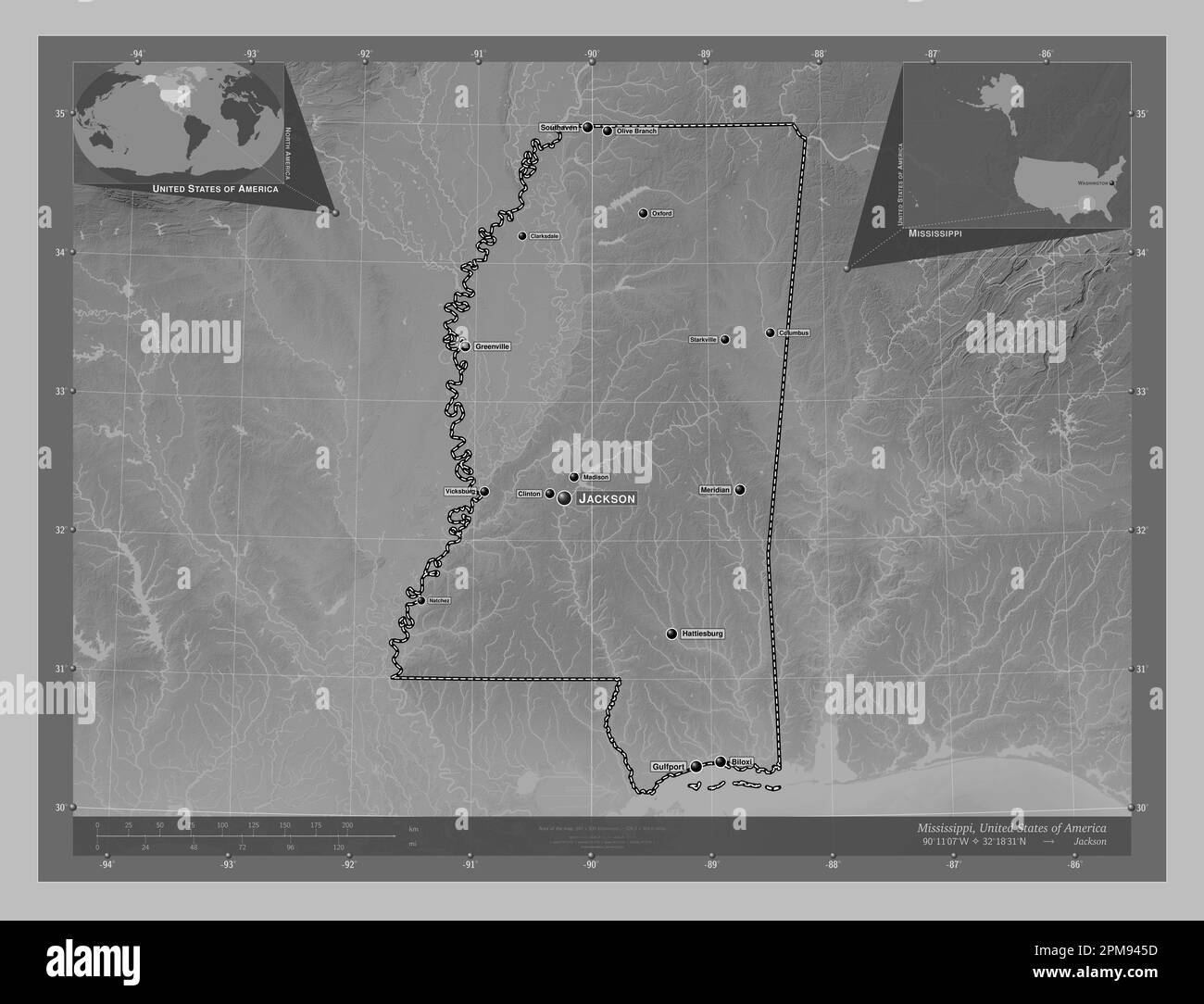 Mississippi state of United States - Mississippi State Of United States Of America Grayscale Elevation Map With Lakes And Rivers Locations And Names Of Major Cities Of The Region Corn 2PM945D 