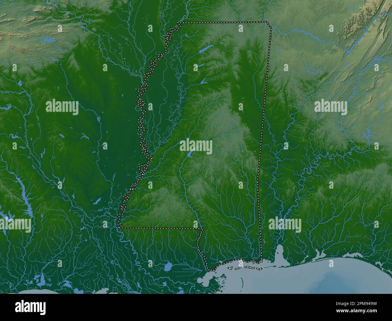 Mississippi, state of United States of America. Colored elevation map with lakes and rivers Stock Photo