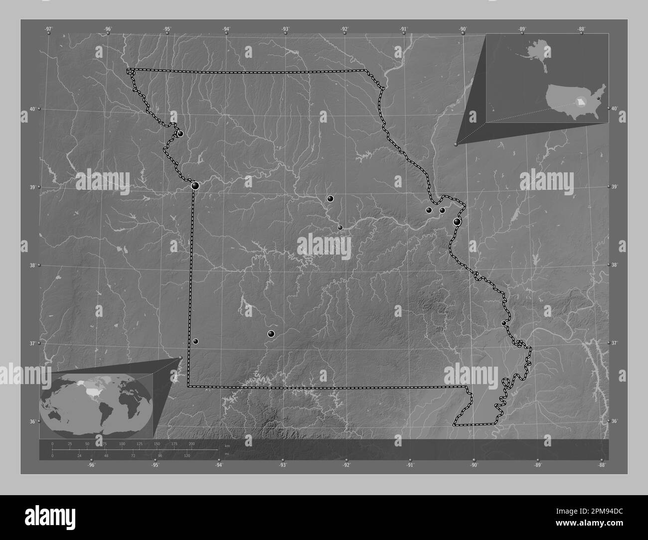 Missouri state of United States - Missouri State Of United States Of America Grayscale Elevation Map With Lakes And Rivers Locations Of Major Cities Of The Region Corner Auxiliary 2PM94DC 