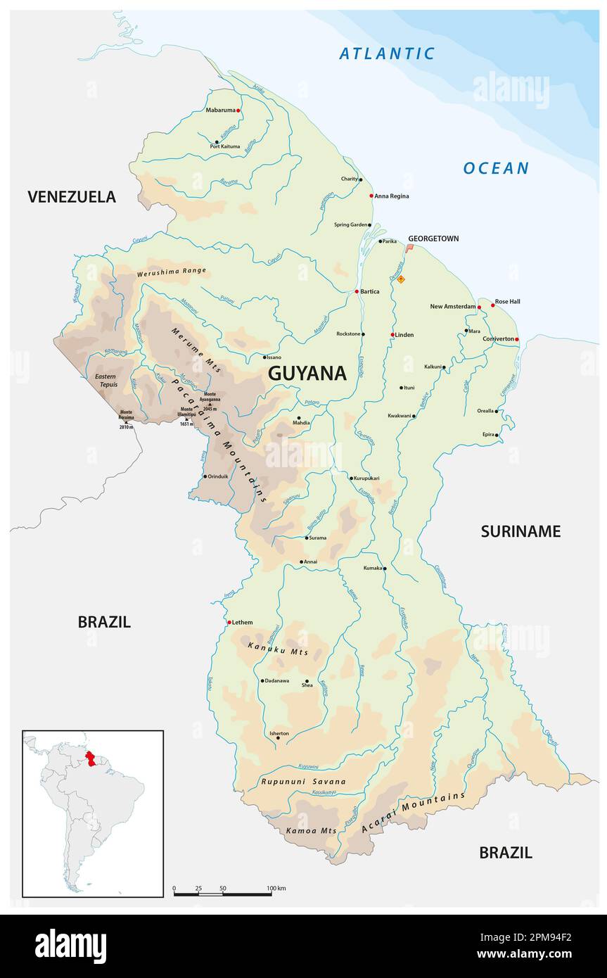 Detailed vector map of the South American state of Guyana Stock Photo