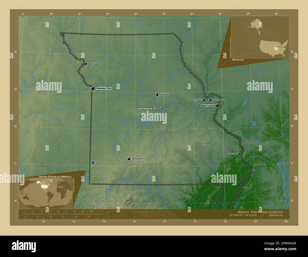 Missouri, state of United States of America. Colored elevation map with