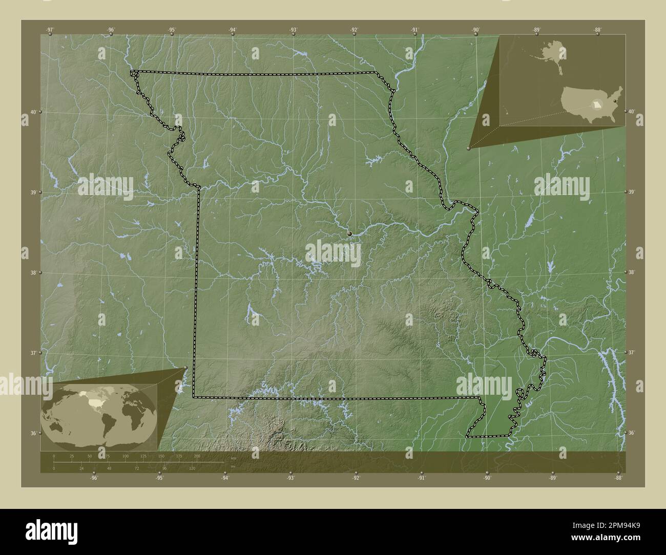 Missouri, state of United States of America. Elevation map colored in ...