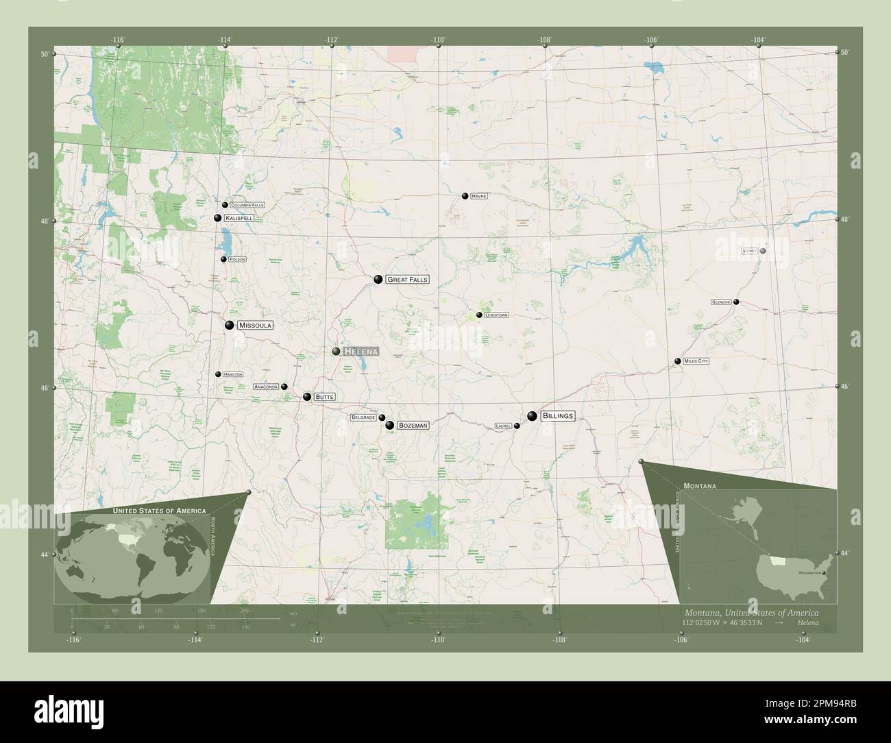 Montana, state of United States of America. Open Street Map. Locations and names of major cities of the region. Corner auxiliary location maps Stock Photo