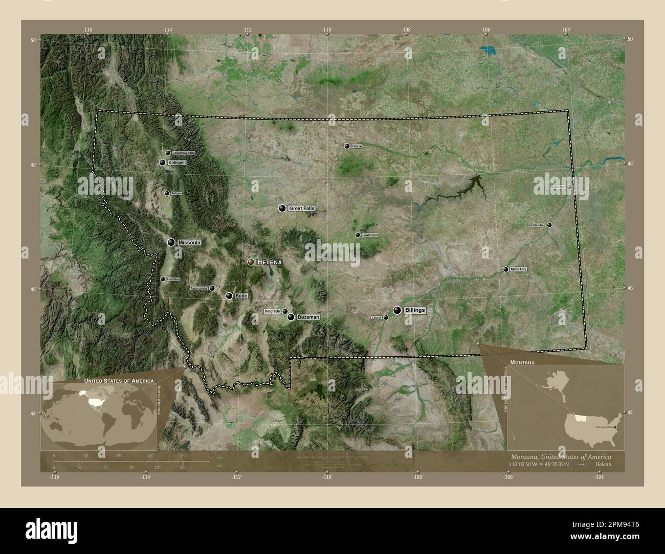 Montana state of United States - Montana State Of United States Of America High Resolution Satellite Map Locations And Names Of Major Cities Of The Region Corner Auxiliary Locatio 2PM94T6 