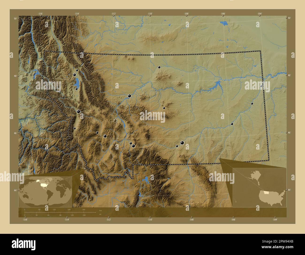 Montana, state of United States of America. Colored elevation map with lakes and rivers. Locations of major cities of the region. Corner auxiliary loc Stock Photo