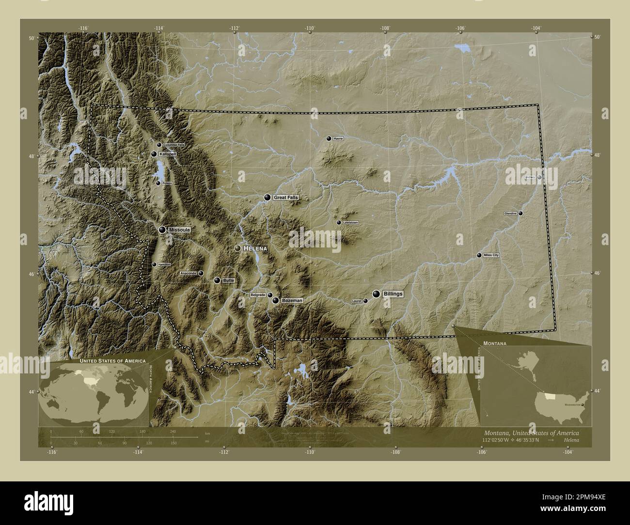 Montana, state of United States of America. Elevation map colored in