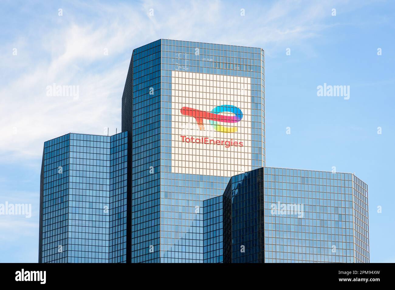 Top of the Coupole tower, head office of the french oil company TotalEnergies in Paris La Defense business district. Stock Photo
