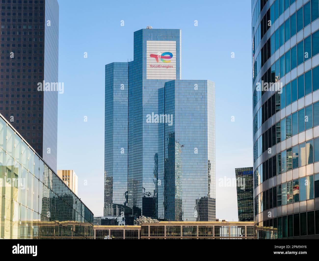 General view of the Coupole tower, head office of the french oil company TotalEnergies in Paris La Defense business district. Stock Photo