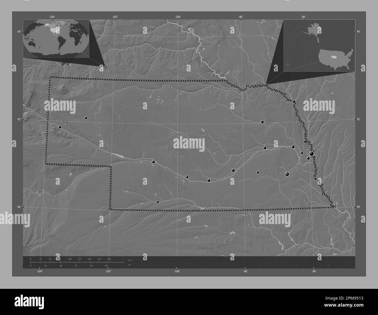 Nebraska, state of United States of America. Bilevel elevation map with