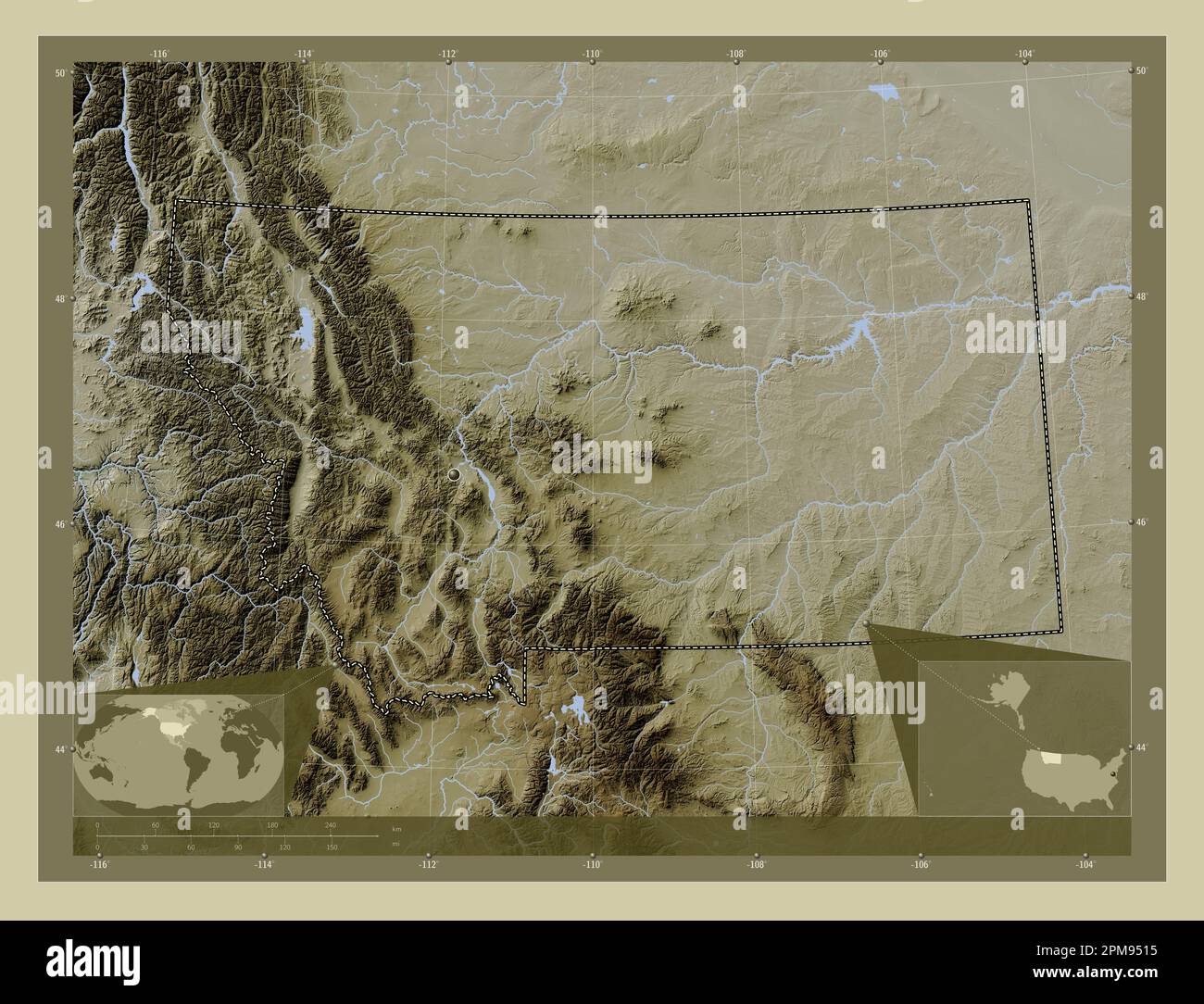 Montana state of United States - Montana State Of United States Of America Elevation Map Colored In Wiki Style With Lakes And Rivers Corner Auxiliary Location Maps 2PM9515 