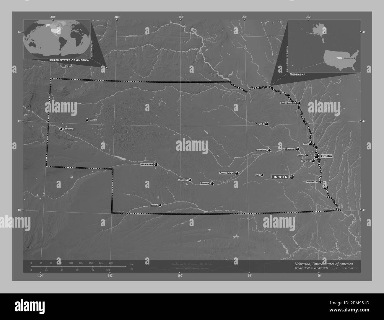 Nebraska state of United States - Nebraska State Of United States Of America Grayscale Elevation Map With Lakes And Rivers Locations And Names Of Major Cities Of The Region Corner 2PM951D 