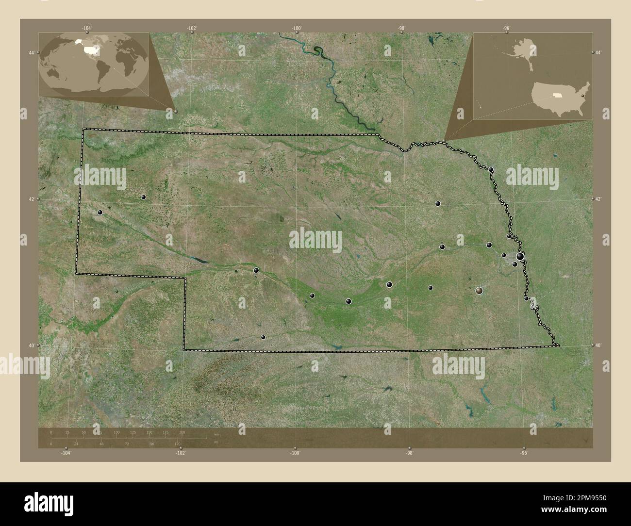 Nebraska State Of United States Of America High Resolution Satellite Nebraska State Of United States Of America High Resolution Satellite Map Locations Of Major Cities Of The Region Corner Auxiliary Location Maps 2PM9550