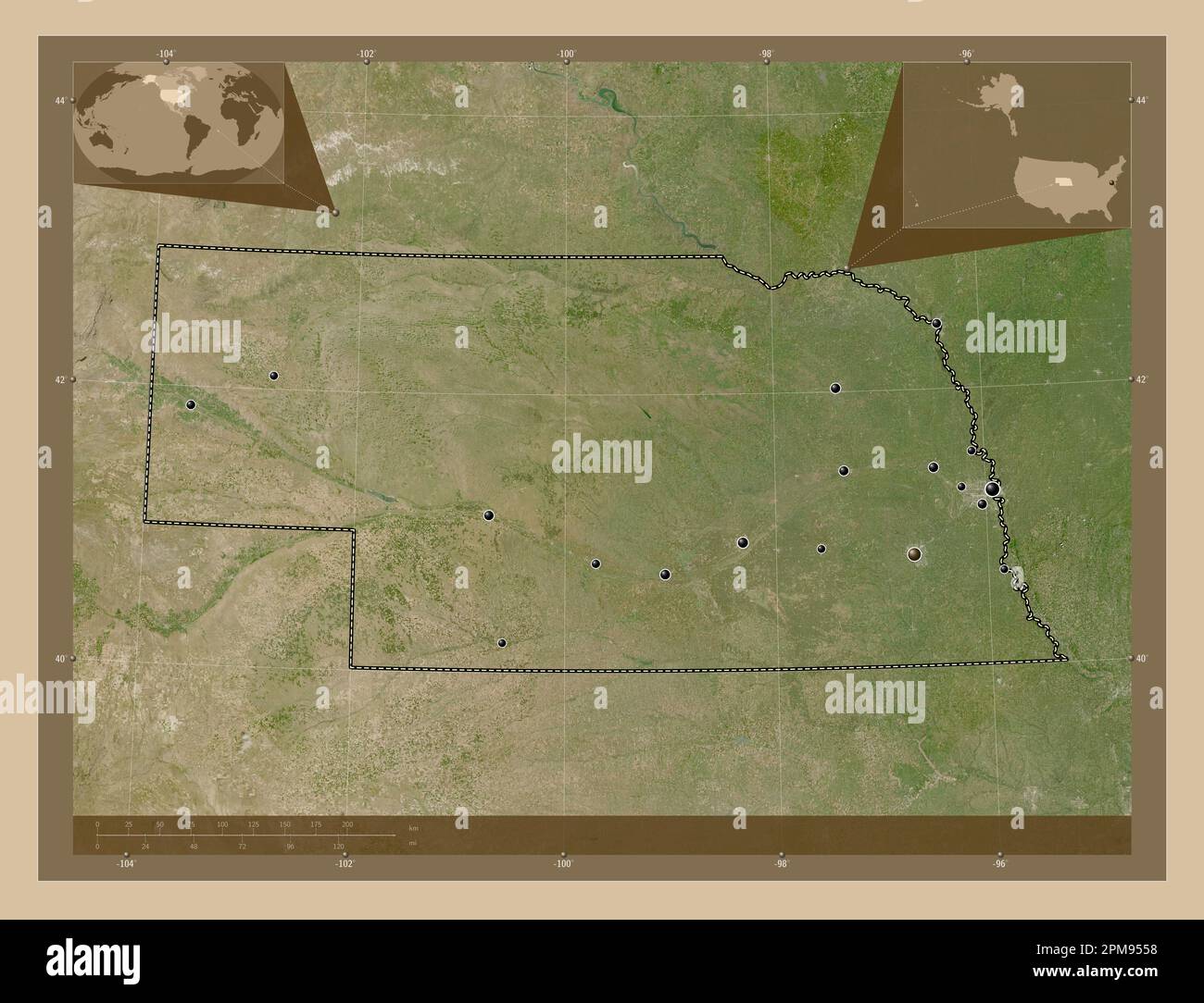 Nebraska State Of United States Of America Low Resolution Satellite Nebraska State Of United States Of America Low Resolution Satellite Map Locations Of Major Cities Of The Region Corner Auxiliary Location Maps 2PM9558