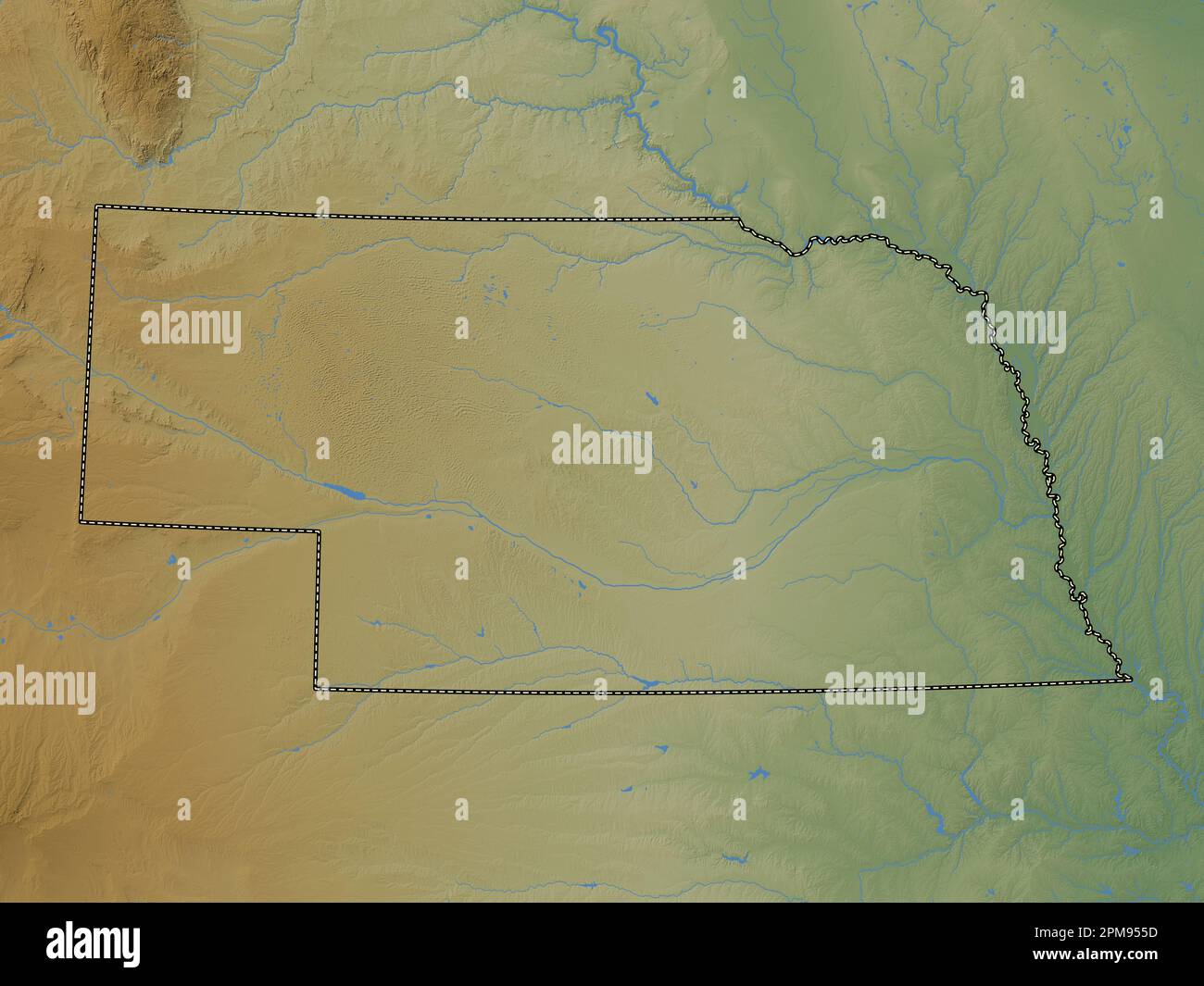 Nebraska, state of United States of America. Colored elevation map with lakes and rivers Stock Photo