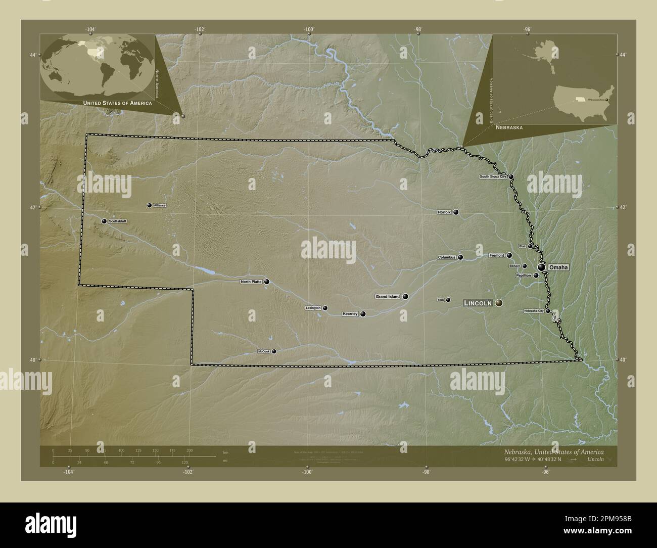 Nebraska, state of United States of America. Elevation map colored in
