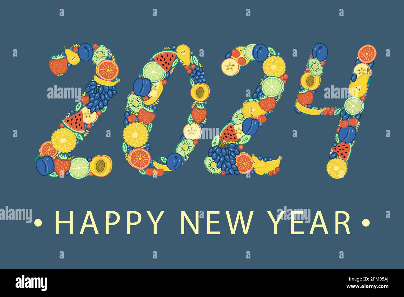 The numbers in the year 2024 are lined with bright colorful fruits and