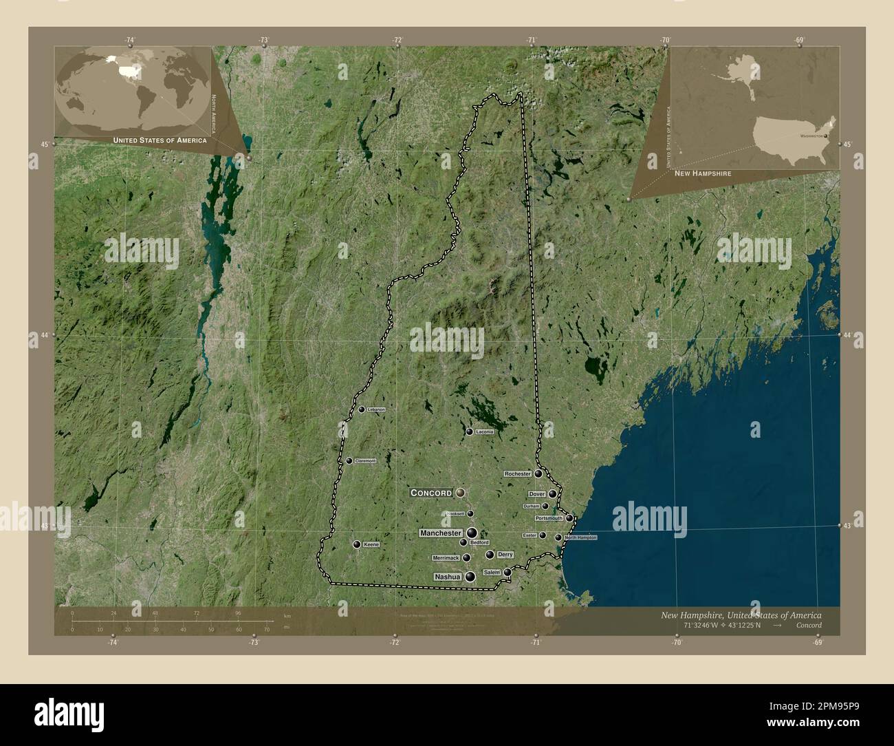 New Hampshire, state of United States of America. High resolution satellite map. Locations and names of major cities of the region. Corner auxiliary l Stock Photo