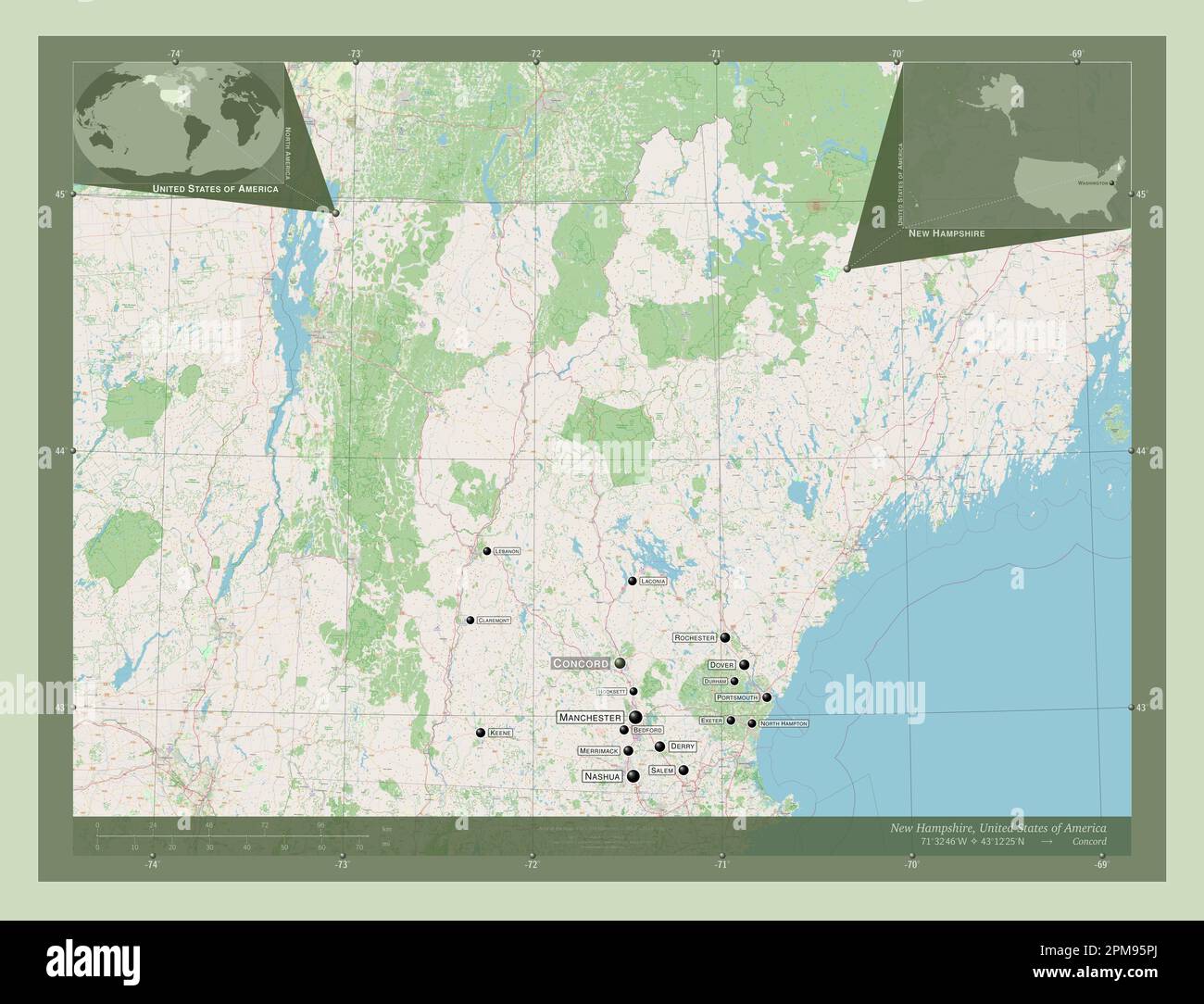 New Hampshire, state of United States of America. Open Street Map. Locations and names of major