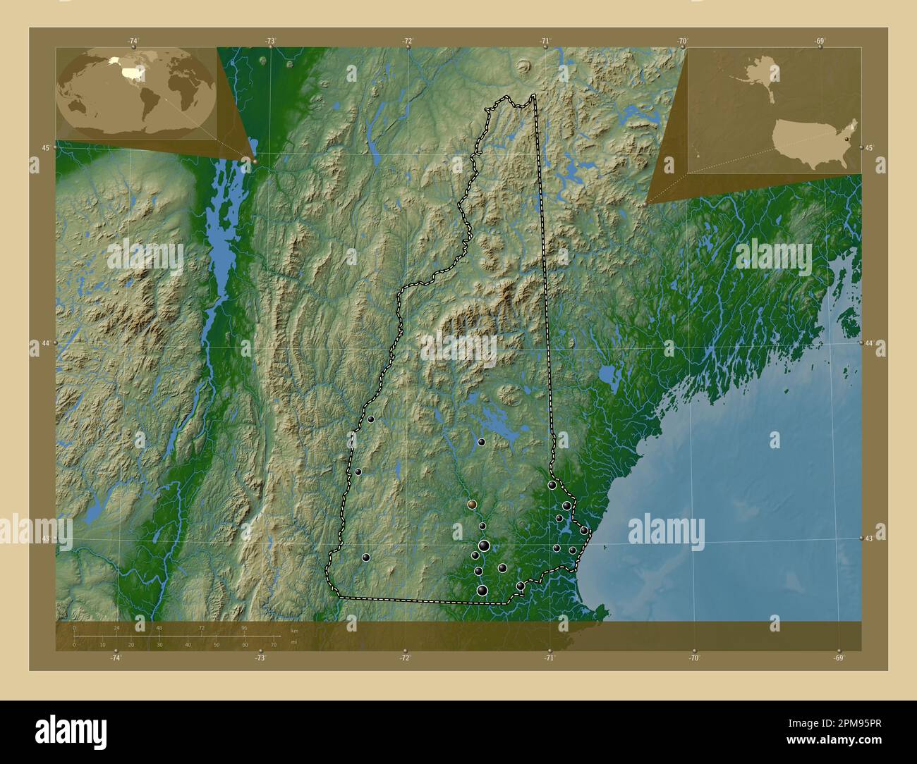 New Hampshire, state of United States of America. Colored elevation map