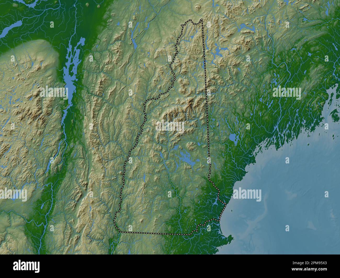New Hampshire, state of United States of America. Colored elevation map with lakes and rivers Stock Photo