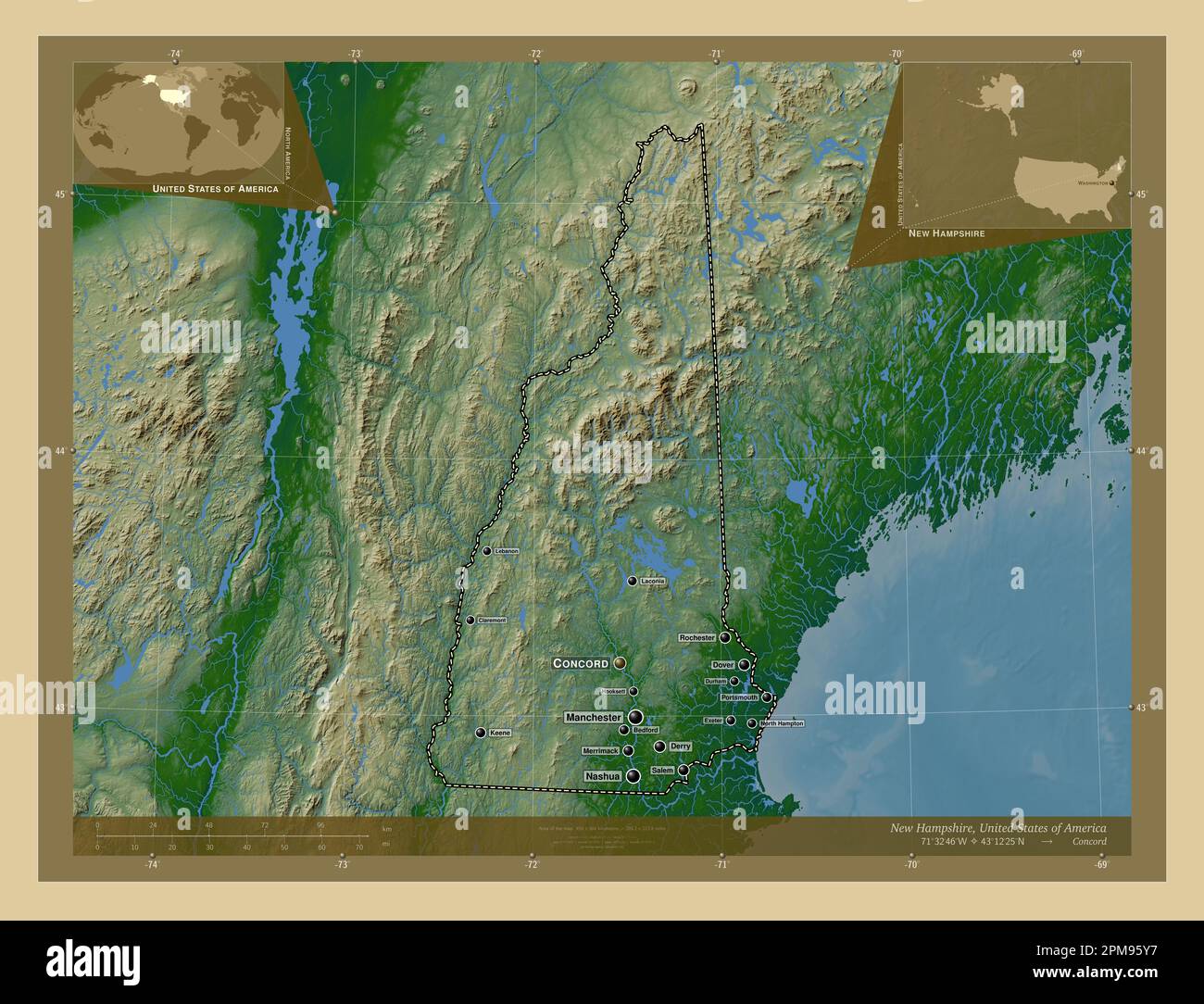 New Hampshire, state of United States of America. Colored elevation map with lakes and rivers