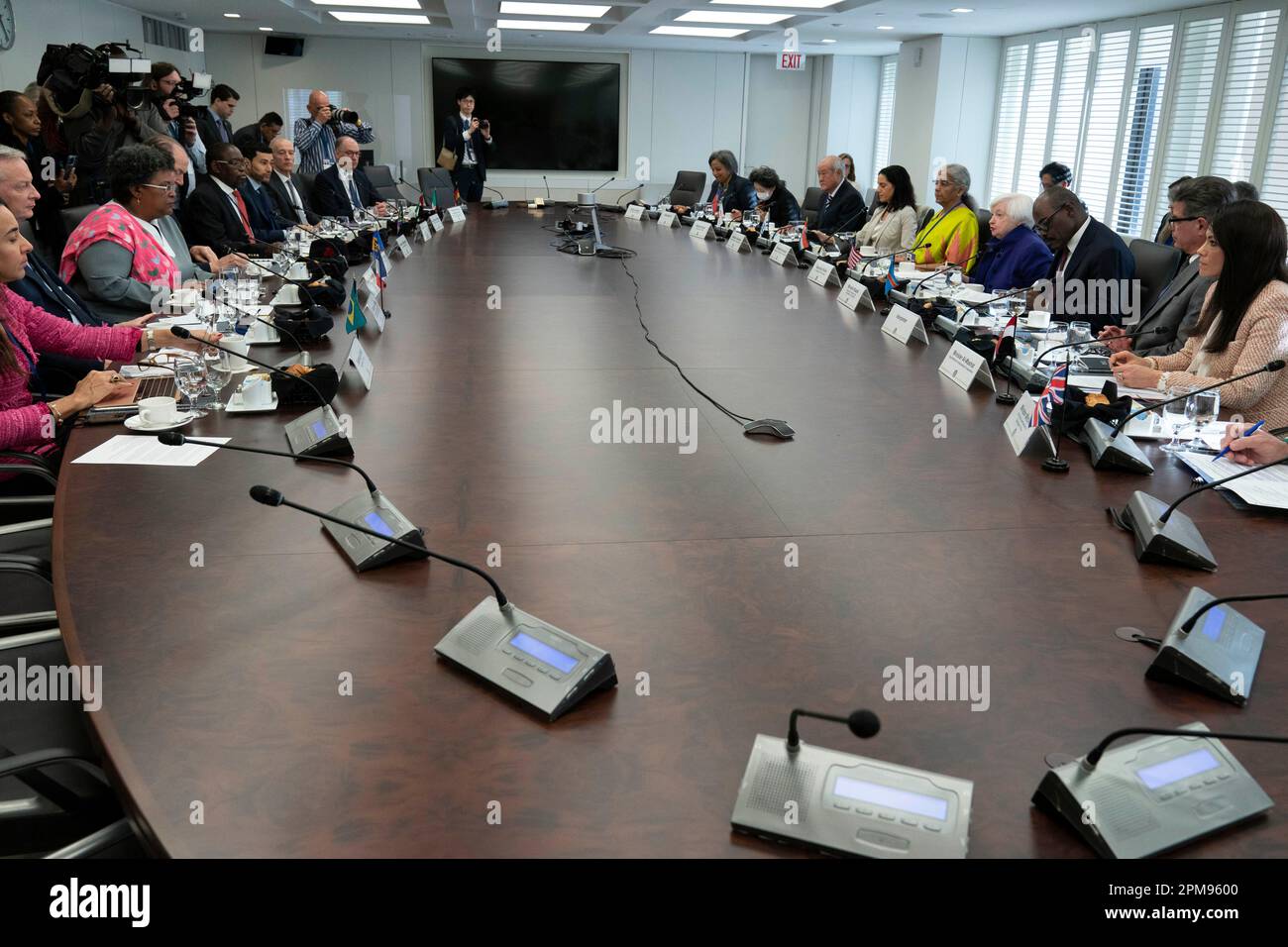 Treasury Secretary Janet Yellen speaks at a Multilateral Development Bank (MDB) Evolution Roundtable during the World Bank/IMF Spring Meetings at the International Monetary Fund (IMF) headquarters in Washington, Wednesday, April 12, 2023. (AP Photo/Jose Luis Magana) Stock Photo