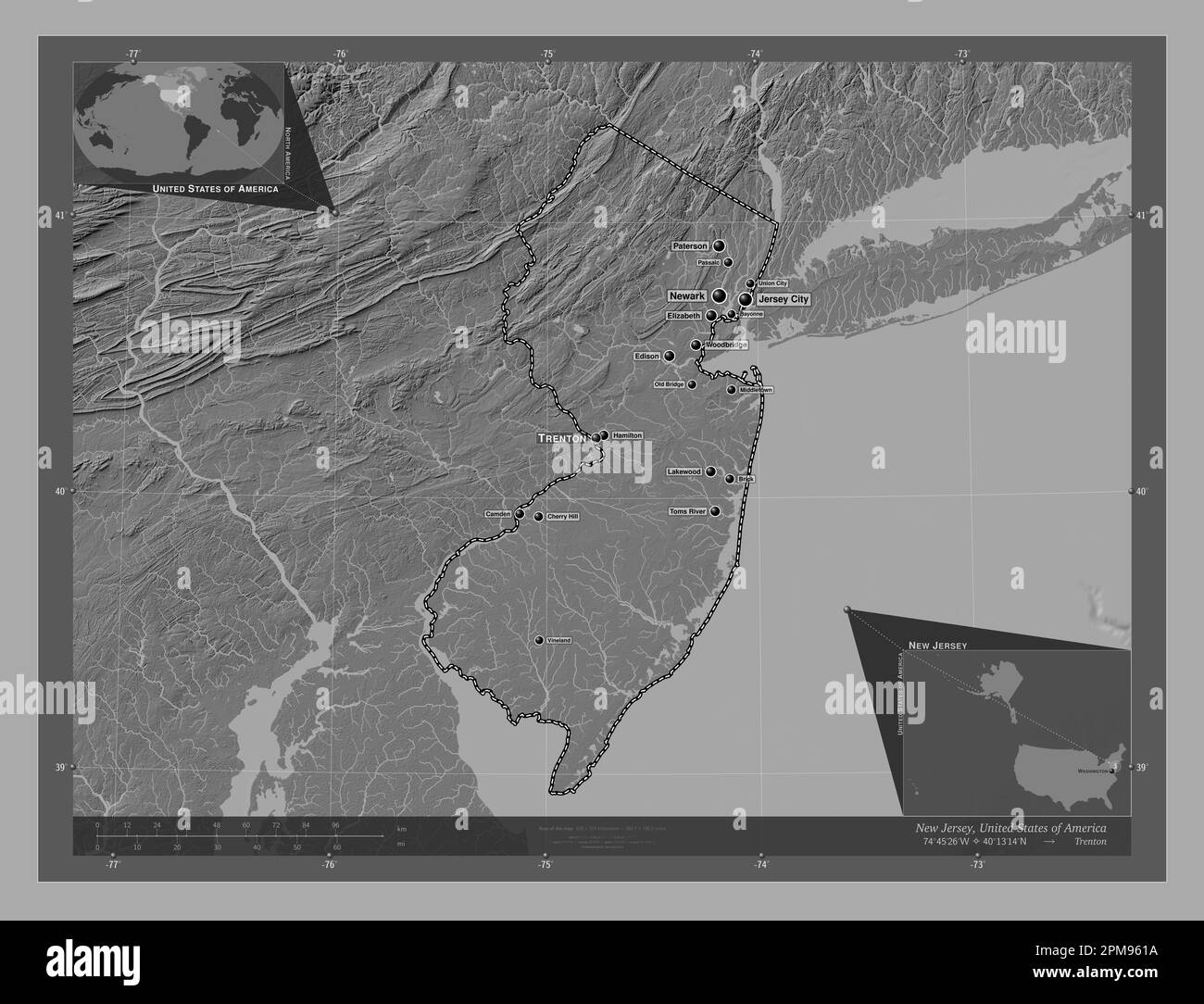 New Jersey, state of United States of America. Bilevel elevation map