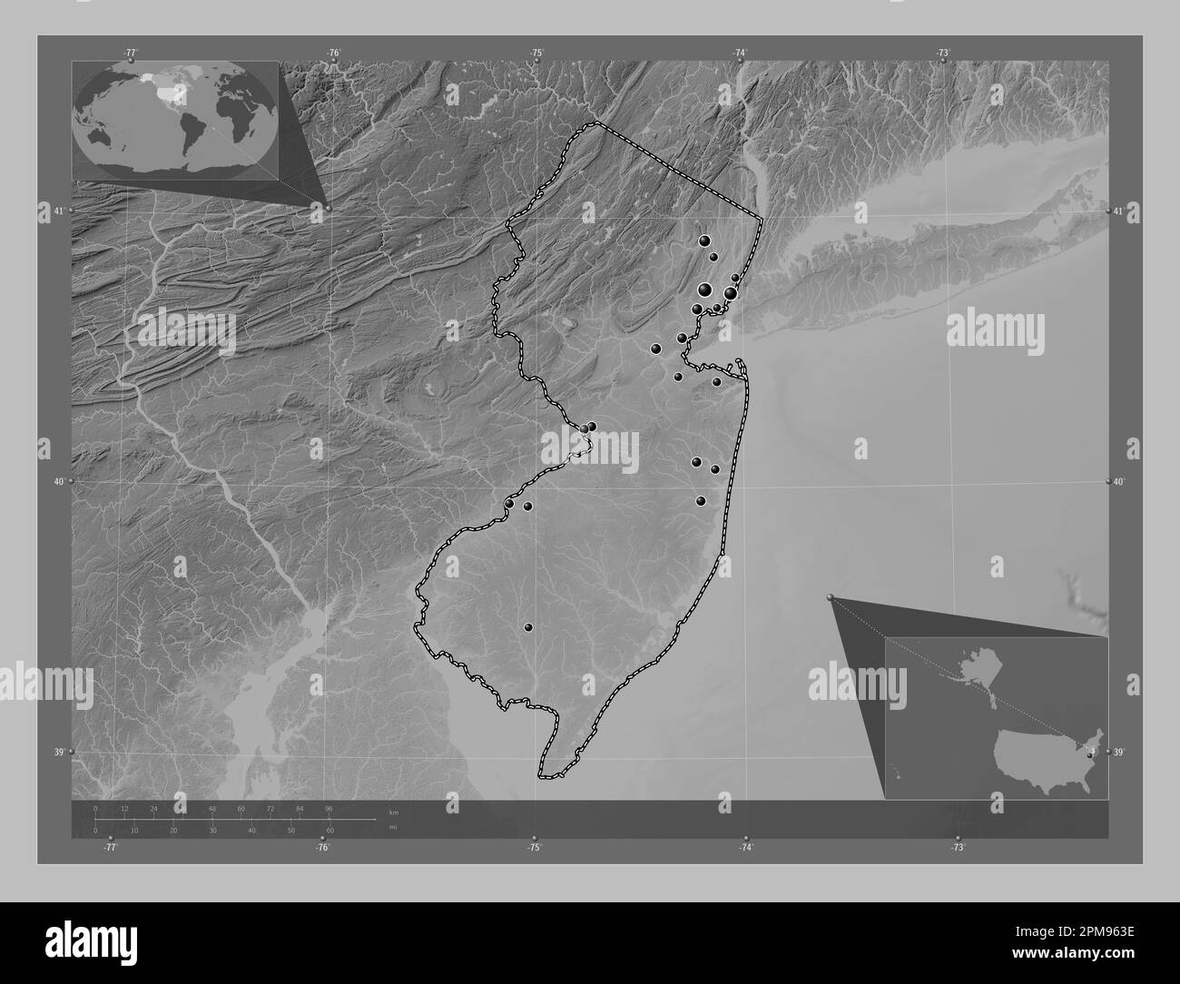 New Jersey, state of United States of America. Grayscale elevation map