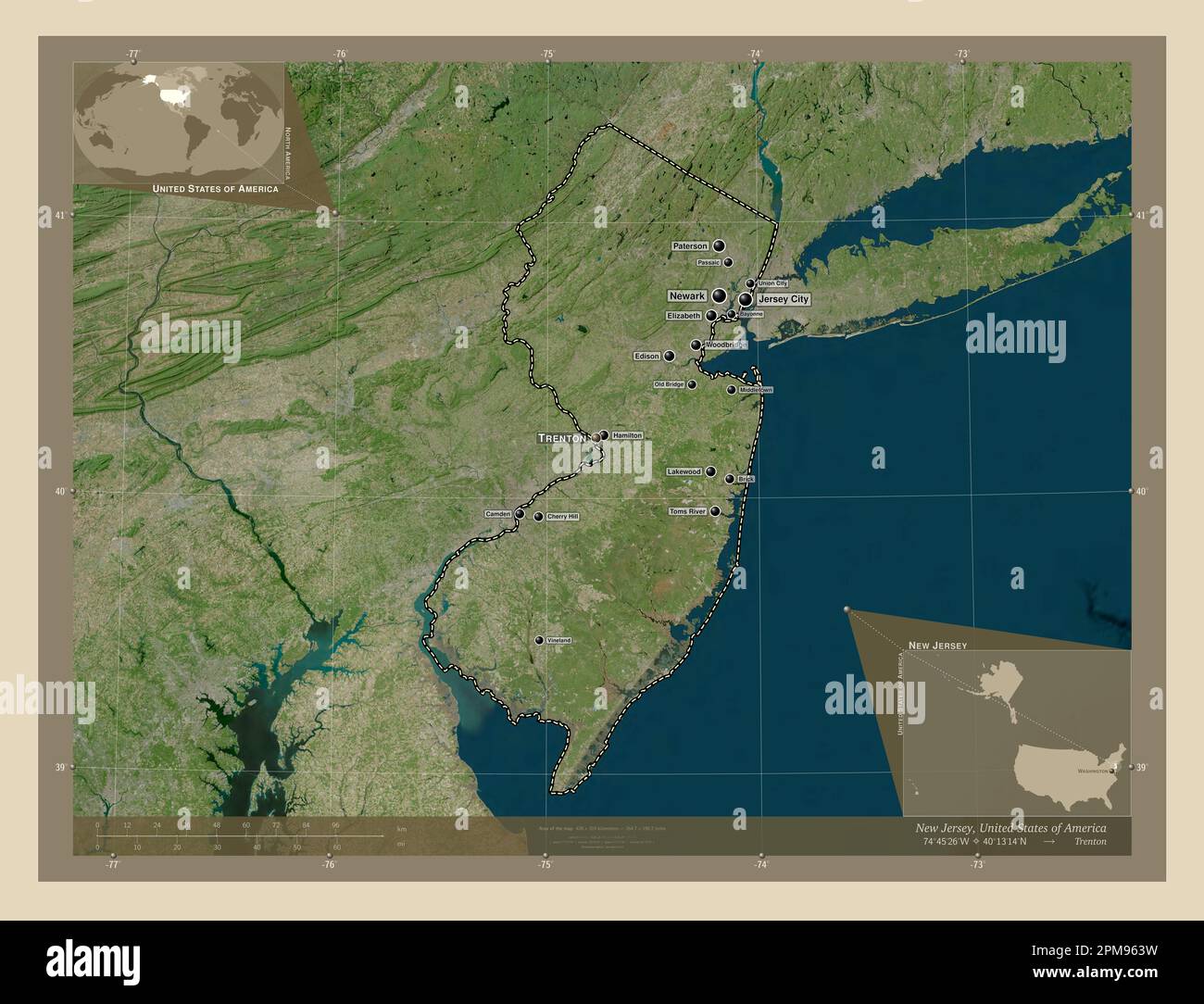 New Jersey state of United States - New Jersey State Of United States Of America High Resolution Satellite Map Locations And Names Of Major Cities Of The Region Corner Auxiliary Loca 2PM963W 