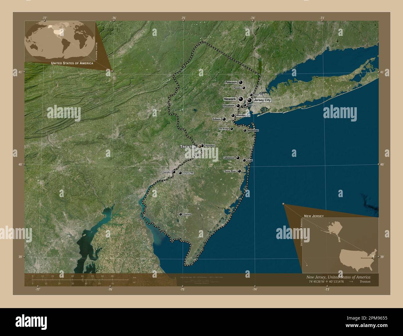 New Jersey, state of United States of America. Low resolution satellite map. Locations and names