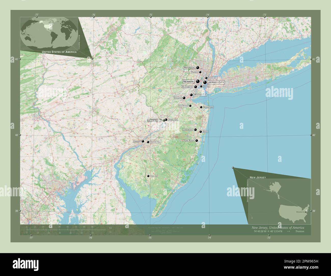 New Jersey, state of United States of America. Open Street Map. Locations and names of major