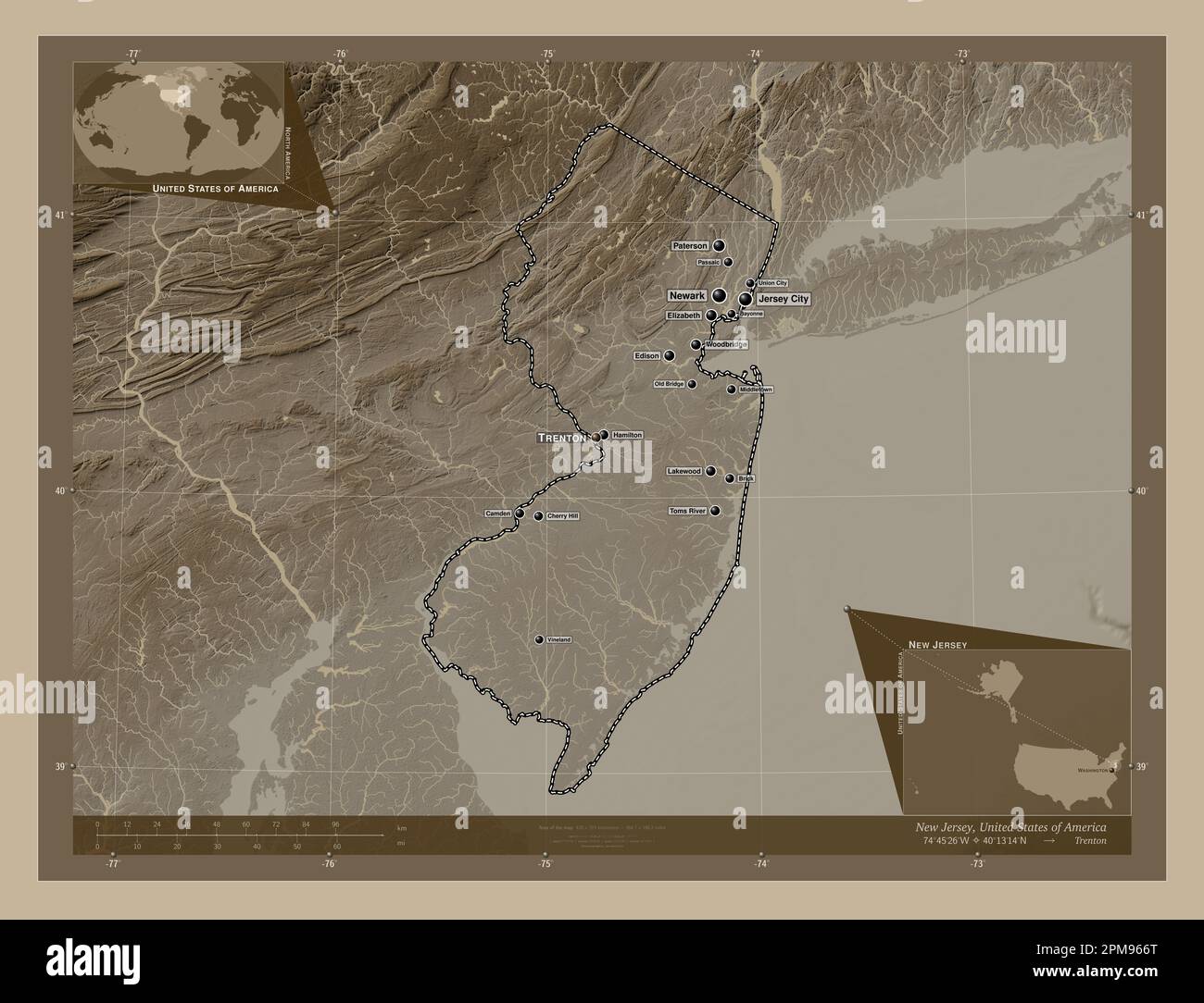 New Jersey, state of United States of America. Elevation map colored in